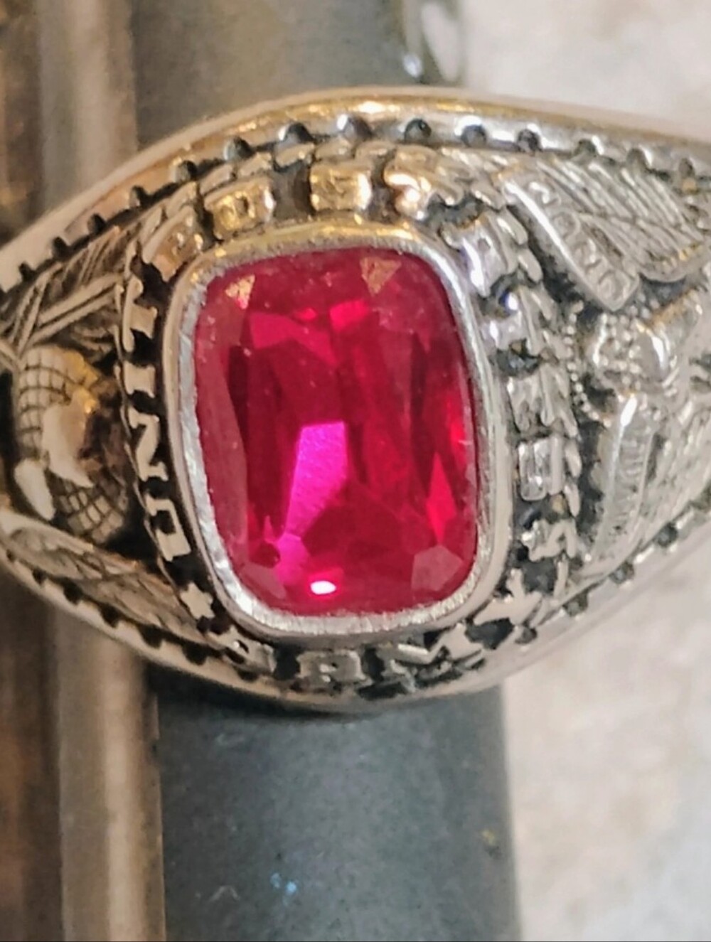 Vintage Jostens US Army Sterling Silver Military Ring - Red Ruby Stone